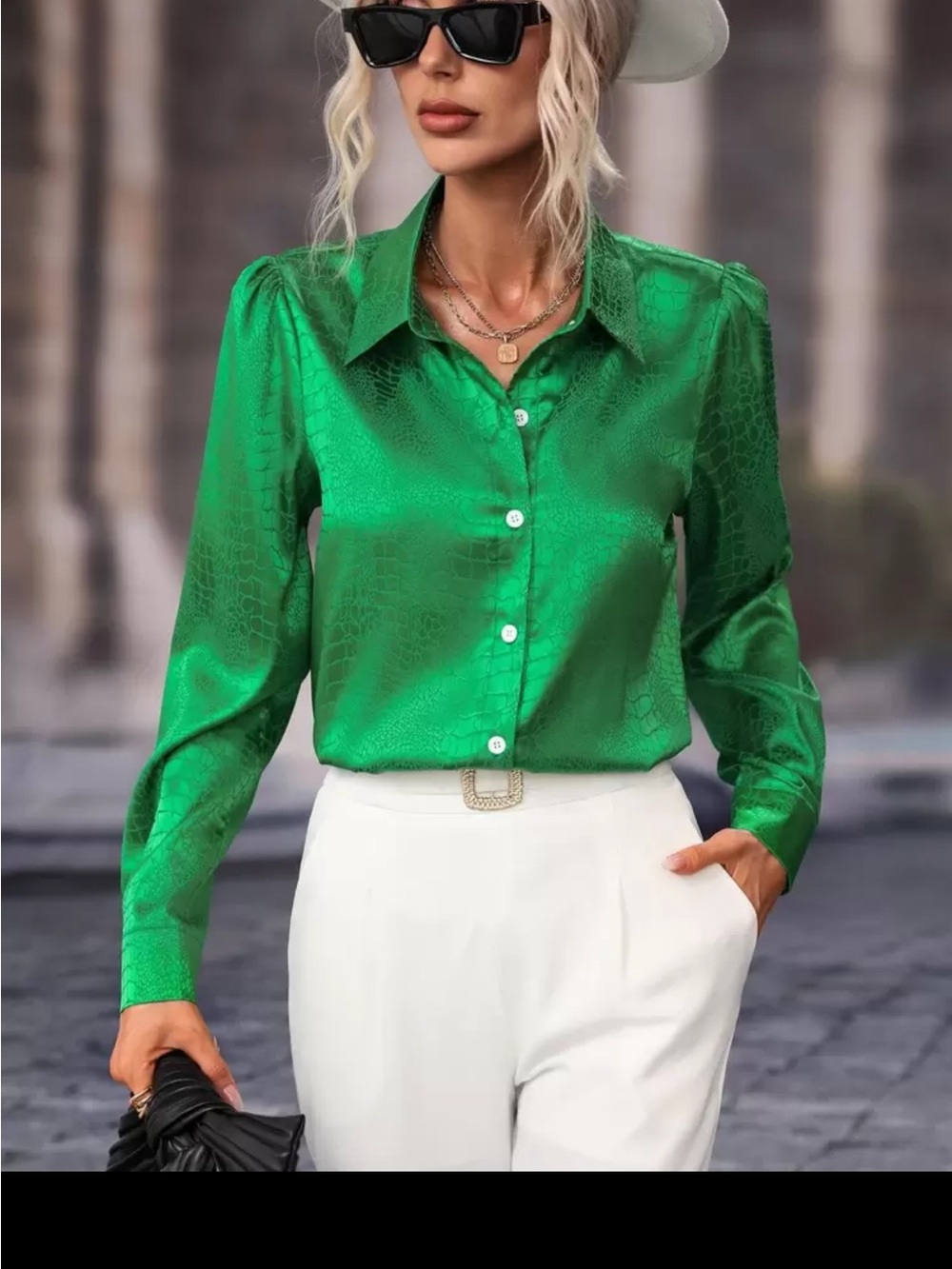 SHEIN Emerald Green Satin Jacquard Puff Sleeve Blouse - Size Medium